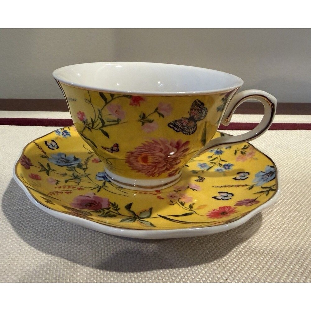 Grace’s Teaware Yellow Floral Teacup and Saucer Set Gold Trim